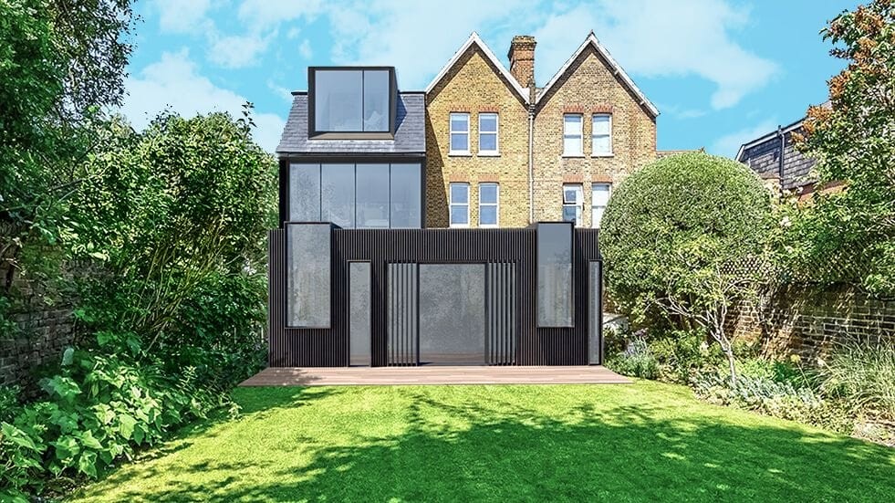 Modern and stylish wraparound extension on a classic Victorian house, featuring dark vertical cladding and floor-to-ceiling windows, set against a vibrant green garden, illustrating a perfect marriage of contemporary design with historical architecture.