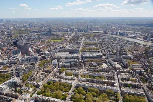 Aerial view of Belgravia neighbourhood in London showcasing both low rise and high rise buildings with some greenery