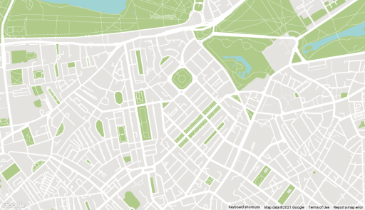 Map outline of Belgravia, London area with parks showcased in green and bodies of water in pale blue
