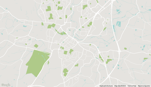 Simple and minimalist map of Chelmsford (data taken in 2023) outlining streets in white, parks in green and bodies of water in blue