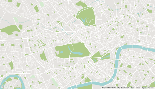 Simplified map of West London, most notably the area of Chelsea with its winding street lines and small park areas