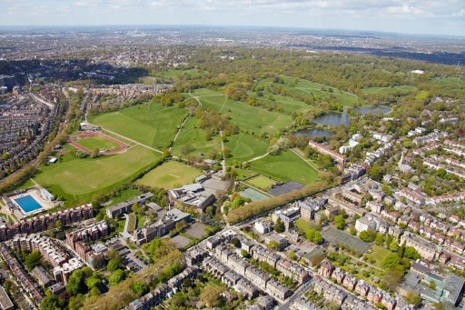Aerial view of a part of Hampstead, which includes a mixture of large parcels of parks, small resid