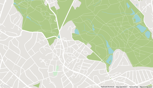 Outline map of Hampstead, London, demonstrating how over 50 percent of it is covered in green parks