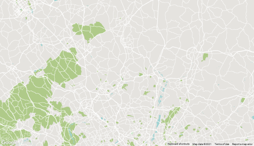 Grey and white illustrative map of Hertfordshire with greens denoting parks and blues representing bodies of water