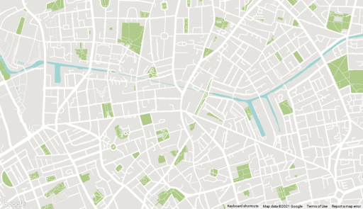 Light beige scale map of the London Borough of Islington, denoting streets as white, parks as green and bodies of water as blue