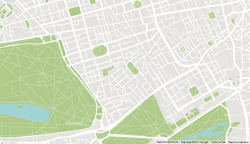 Green, beige and white illustrative map of Mayfair showcasing its streets and green spaces