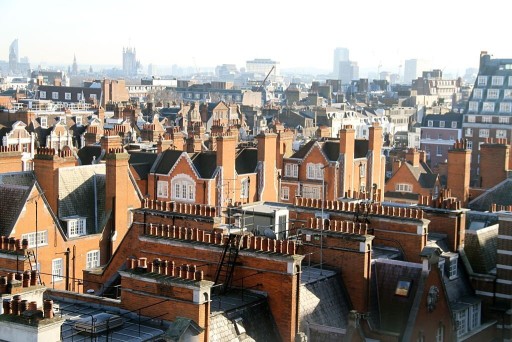 Roof top view of the different property heights and roof typology within the area of Mayfair