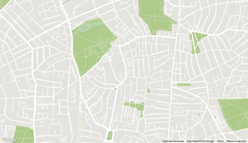 Detailed map of North London highlighting various parks and streets. The map showcases the intricate layout of the neighborhood with green areas representing parks such as the larger one in the center. Surrounding roads and smaller green spaces are also depicted, providing a comprehensive overview for urban planning and architectural design considerations.