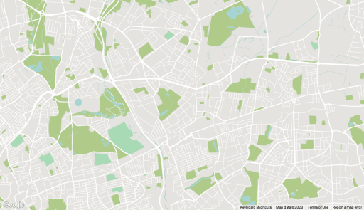 Illustrative map of the borough of Redbridge with housing marked out in light grey, streets in white, parks in green and bodies or streams of water in light blue