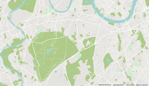 Illustrative map of Richmond area with street demarked as white, green spaces in green and bodies of water in blue
