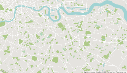 Illustrative map of south london boroughs including the demarcation of parks in green such as Royal Greenwich park
