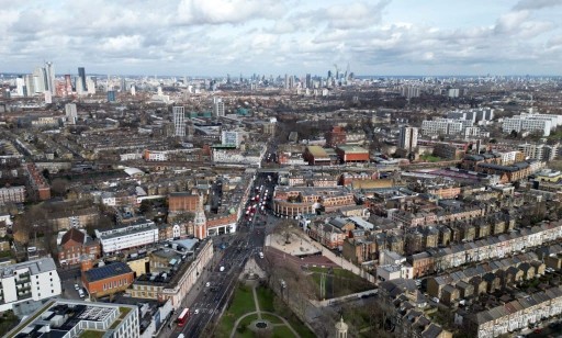 Aerial view of southern borough of London with it's different architectural design streetscape and green amenity spaces. 