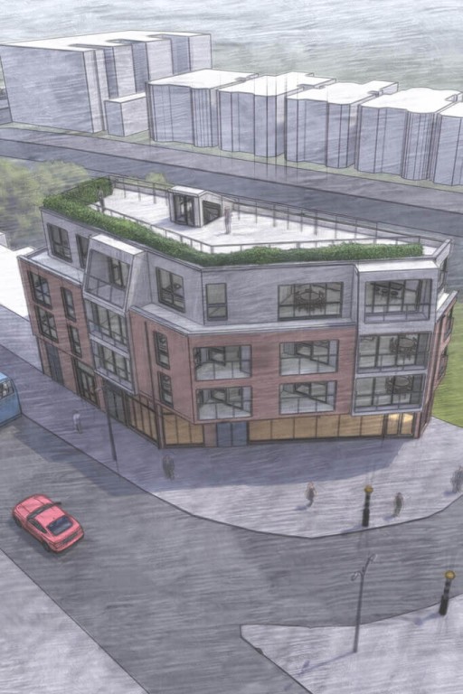 Architectural rendering of a new-build flats project in an urban setting, showcasing a modern residential building with a rooftop garden. The design features large windows, spacious balconies, and ground-level commercial spaces, emphasising mixed-use development. This illustration highlights the potential for maximising land value and achieving commercial viability in housing developments in London.