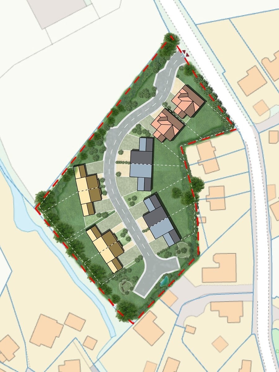 Illustration of a master plan development for ten dwelling houses within the green belt in the UK overlayed on top of an OS Map