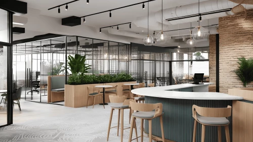 A modern indoor coworking and coliving environment in London. The space should blend a contemporary, industrial aesthetic with warm, inviting elements.