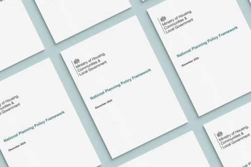 The image showcases multiple copies of the new National Planning Policy Framework (NPPF) document, dated December 2024, issued by the Ministry of Housing, Communities & Local Government. Nicole I. Guler, a chartered town planner, shares her expert insights on the revised NPPF with RIBA, highlighting its implications for the planning system and architects.