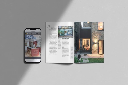 Kitchens Bedrooms & Bathrooms (KBB) magazine featuring architect Sky Moore-Clube’s design tips, shown on a smartphone and an open spread with images of a modern house extension and garden patio.