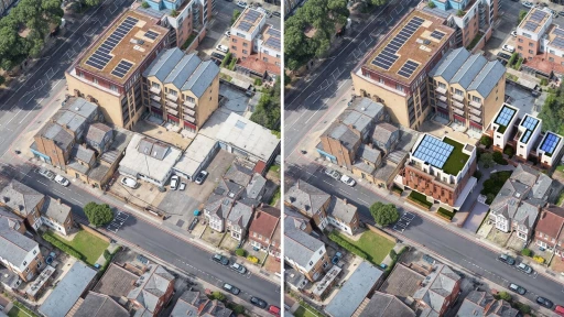 Aerial before and after comparison showing a successful residential development project by Urbanist Architecture, architects experienced in planning permission processes in London. The left image shows the existing site with older low-rise buildings and surface parking, while the right image reveals the completed development featuring modern multi-story residential buildings with rooftop solar panels, contemporary facades, and improved site layout.