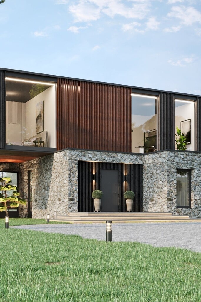 Modern and avant-garde luxury home with stoned wall entrance, black wooden slates around the grey entrance door and on the upper floor; floor to ceiling large single pane windows and dark brown wooden slats