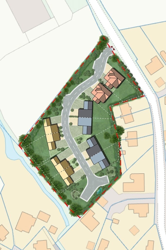 Illustration of a masterplan proposal on green belt land for a development of 10 family dwellings with large gardens