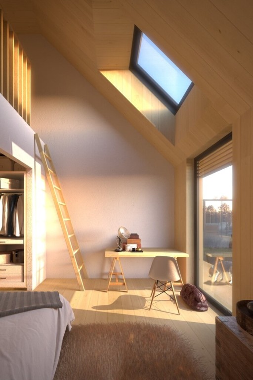 Interior of an airy maisonette bedroom with two large single pane windows encased in a black frame, natural wood colours, natural wooden ladder leading upstairs, white walls and white open dressign area with storage