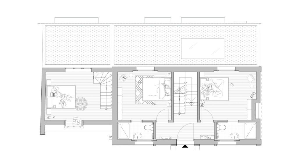 Architectural plan of a proposed ground floor layout, displaying detailed furniture arrangement, room partitioning, and texture patterns for floors and walls, providing a comprehensive view for construction and/or renovation purposes.