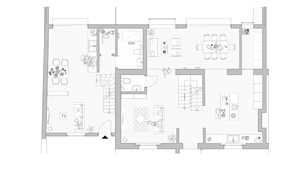 Detailed architectural floor plan of a lower ground floor proposal, showcasing room layouts complete with furniture, fixtures, and fittings, illustrating the design vision for a residential renovation with clear indications of living spaces, kitchen, bathrooms, and bedroom arrangements.