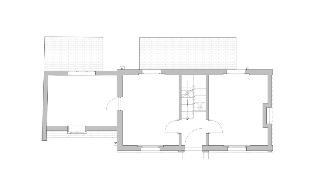 Minimalist architectural drawing of a ground floor layout, featuring clean lines, simple shapes for rooms, and a staircase detail, representing the existing state of a residential property before renovation.
