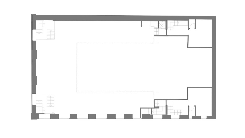 Architectural drawing of the existing second floor of the historic 1910 Workmens Institute in Abertridwr, Wales. The floor plan reveals a spacious layout with large open areas and minimal partitioning, reflecting the building's original design. This detailed schematic highlights the structural elements, window placements, and room configurations, essential for planning the conversion of the space into modern residential flats while preserving the building's historical integrity.