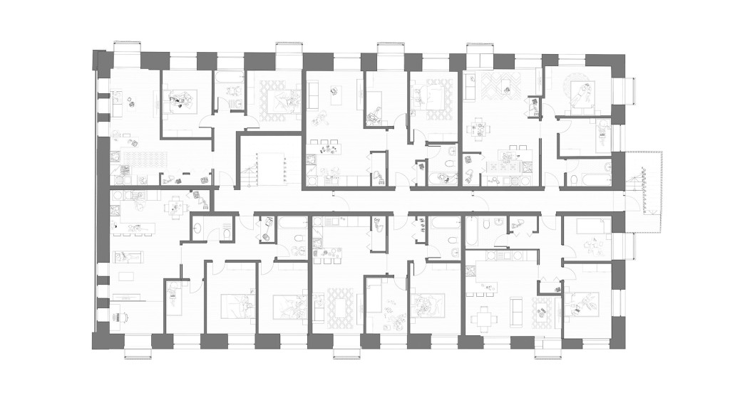 Detailed architectural drawing of the proposed second floor for the historical flat conversion project in Abertridwr, Wales. The plan showcases the layout of multiple residential units, each with designated living areas, bedrooms, kitchens, and bathrooms. The design integrates modern apartment features while preserving the structure's historical integrity. The clear delineation of walls, doors, and windows ensures optimal space utilisation and natural light penetration, contributing to a thoughtful and efficient residential space in the renovated 1910 Workmens Institute building.