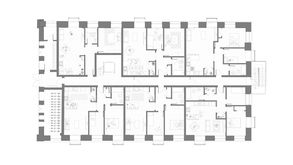 Detailed proposed first floor plan of the 1910 Workmens Institute in Abertridwr, Wales, showing the layout of new flats. The plan includes multiple apartment units with designated living spaces, kitchens, bedrooms, and bathrooms. The architectural drawing highlights the careful conversion of the historic building into modern residential flats, ensuring ample natural light and functional living areas while preserving the original structure's character.