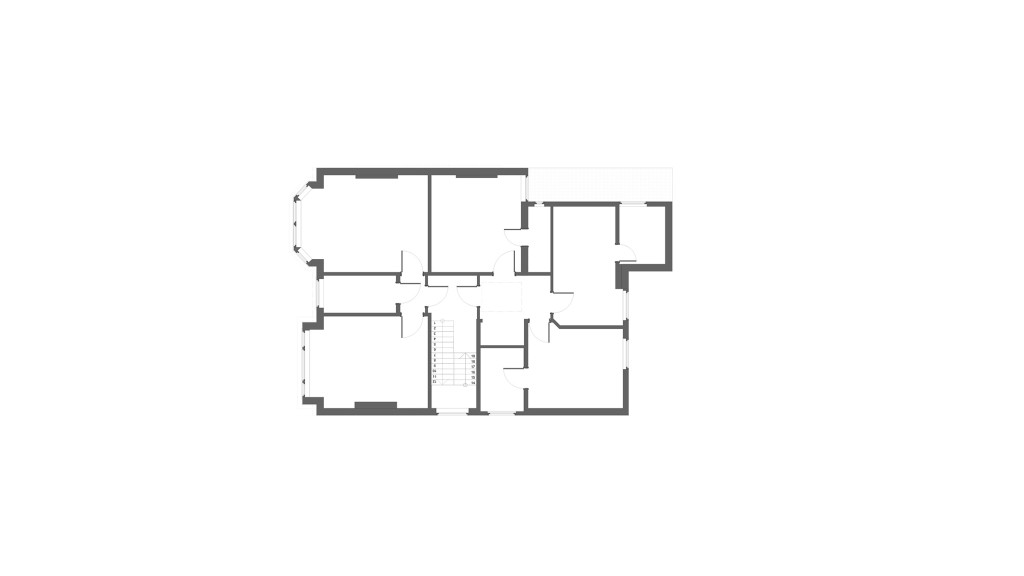 Existing first floor space depicting it's underuse of space with 5 awkwardly shaped bedrooms, storage room and no bathroom or toilet facility.