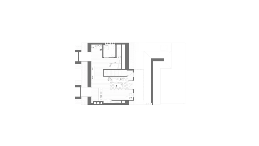 RIBA chartered architect's proposal layout plans to convert an un-used existing floor space to a self-contained one bedroom flat with a generous living room space, open-plan kitchen and en-suite bathroom. 