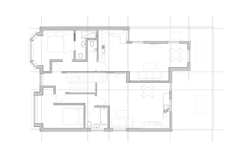 Existing ground floor plans comprising of two bedrooms at the front of the property with bay windows, a wet room and toilet, bathroom and two living room spaces/formal dinning area onlooking the beautiful and large garden at the rear