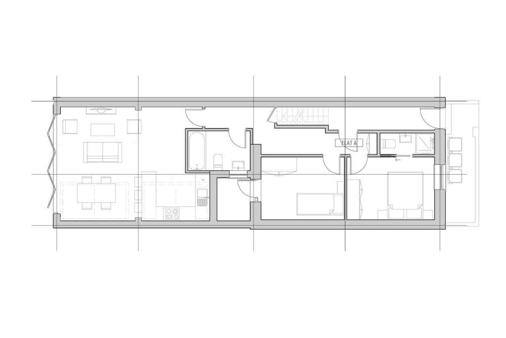 Architect's proposed floor plan drawings of extending the rear of the property to now accomodate for an en-suite bedroom, single bedroom with a walk-in closet, another separate bathroom, open plan kitchen and a large liviing room and formal dining area with large bi-fold windows leading directly out onto the garden