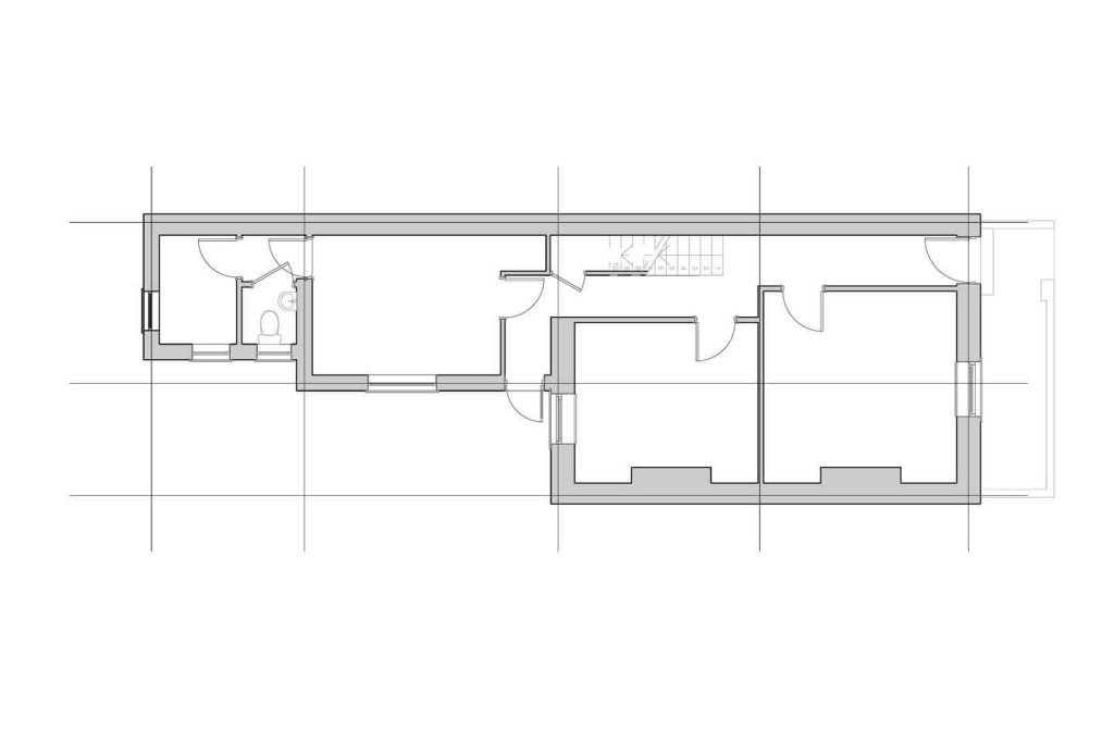 Grey scaled floor plans demonstrating the existing narrow ground floor consisting of three small rooms and a toilet at the rear of the property