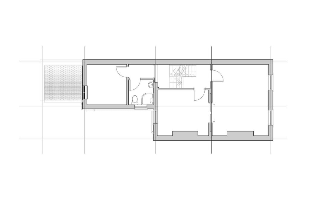 Existing floor plans of the first floor of the property in a conservation area with two small rooms, a storage room and a wet room. 