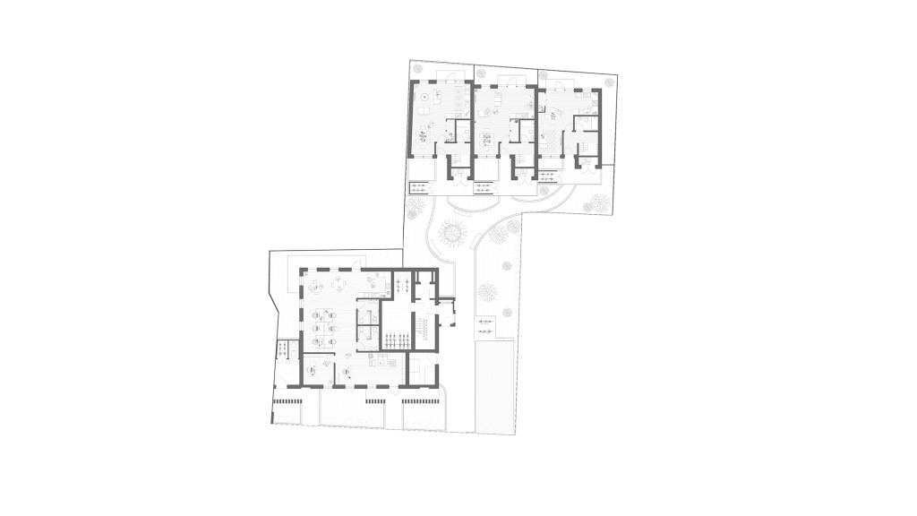 Proposed ground floor plan for a new residential development on the site of a former plumber's merchant in Lewisham, London SE6 2AY. This architectural drawing details the layout of six modern flats and three mews houses, designed to maximise space and integrate with the surrounding urban environment. The plan also highlights landscaped communal areas, contributing to the revitalisation of an underutilised site and providing much-needed housing in the area.