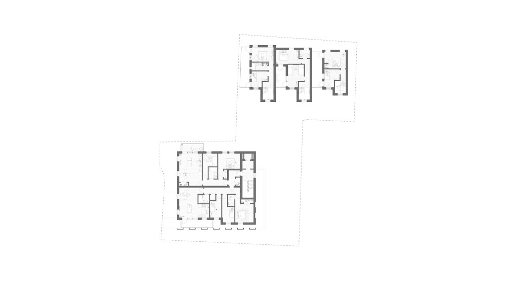 Proposed first-floor plan for the redevelopment of a former plumber's merchant site in Lewisham, London SE6 2AY. This architectural drawing illustrates the new residential layout, featuring multiple spacious flats and mews houses. The design optimises the use of space on a complex urban plot, contributing to the local housing supply while maintaining a modern, functional design.