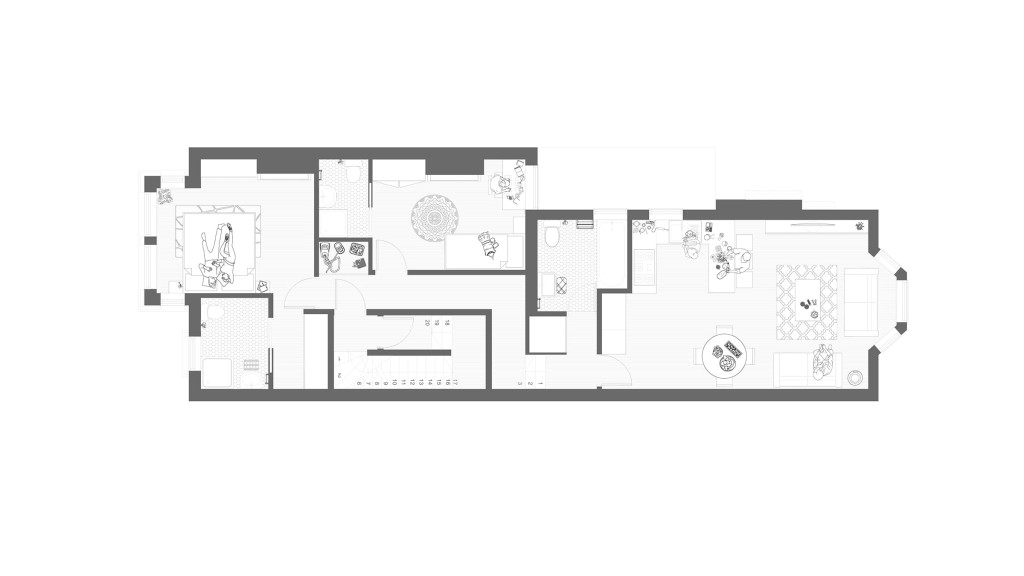 Monochrome floor plan of a proposed first-floor layout for a home conversion into flats, displaying detailed interior designs for a living room, bedrooms, bathroom, and kitchen with furnishings and decor elements.