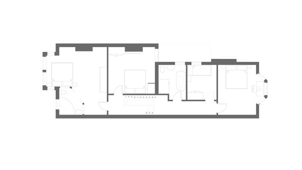 First-floor plan in grayscale showing the layout of rooms with furniture placement, including a bathroom, bedroom, and kitchen, for a home conversion project, depicted in a detailed architectural drawing style.