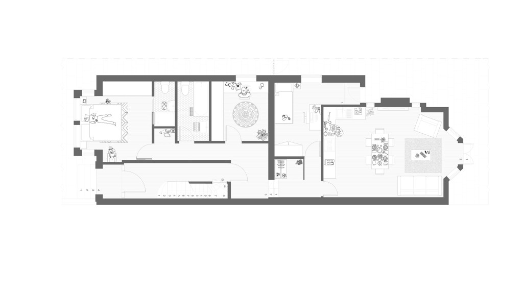 Monochromatic architectural drawing of a proposed ground floor plan for a family home conversion into flats, featuring detailed furniture layout, interior design elements, and room configurations.