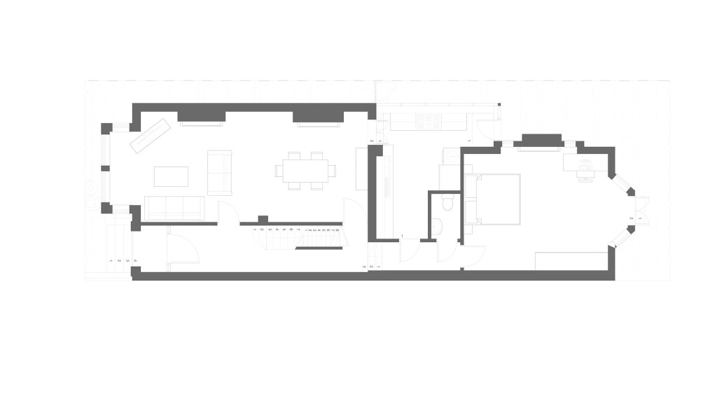 Detailed architectural floor plan of an existing ground floor layout for a home conversion project, showing room outlines, furniture placement, and structural elements in a clean, monochrome design.