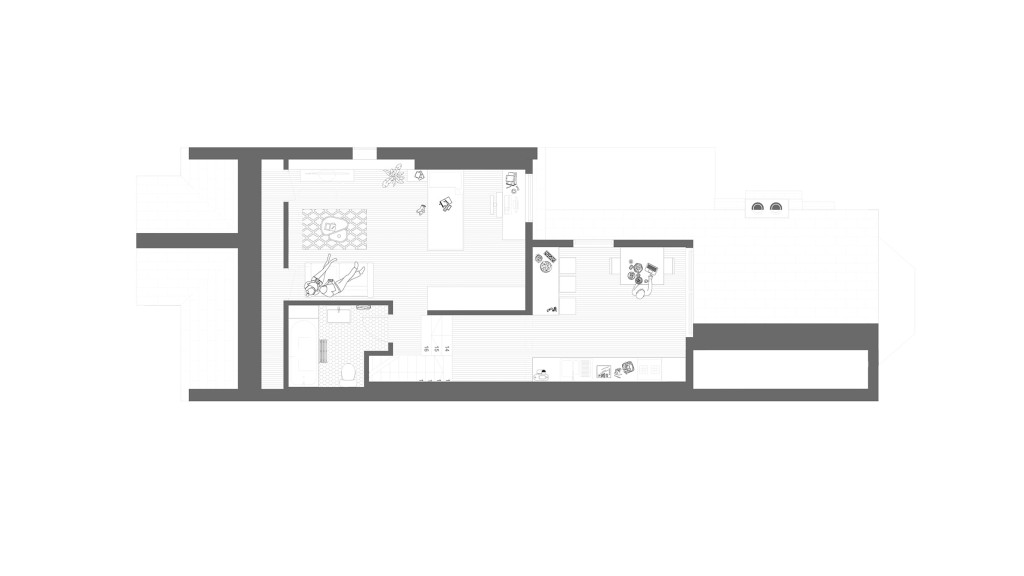 Architectural plan of a proposed second-floor apartment showing a minimalist design with a living area, kitchen, bathroom, and bedroom, detailed with furniture symbols and room dimensions for a home conversion project.