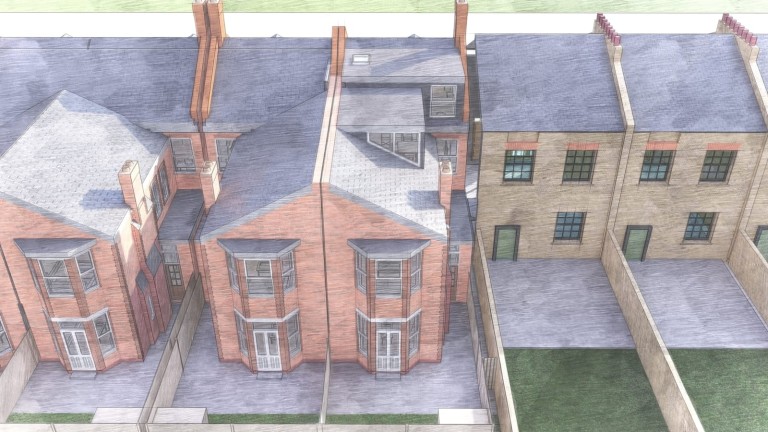 Aerial sketch of a residential building conversion into three separate flats, showcasing the architectural design of brick townhouses with grey roofs and windows, alongside the planned landscaping and division of property spaces.