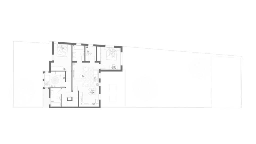 Architect's problem solving design proposal of extending the first floor to accomodate for a spacious one bedroom apartment with the living room overlooking the beautiful garden and a duplex one bedroom apartment.