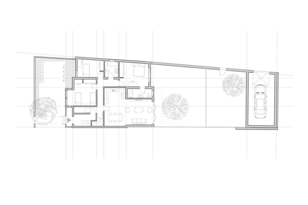 Proposed architectural design of an extension creating a spacious three bedroom, two bathroom flat with additional cycle and bin storage at the front as well as utilising a dead space at the end of the garden to be a parking space