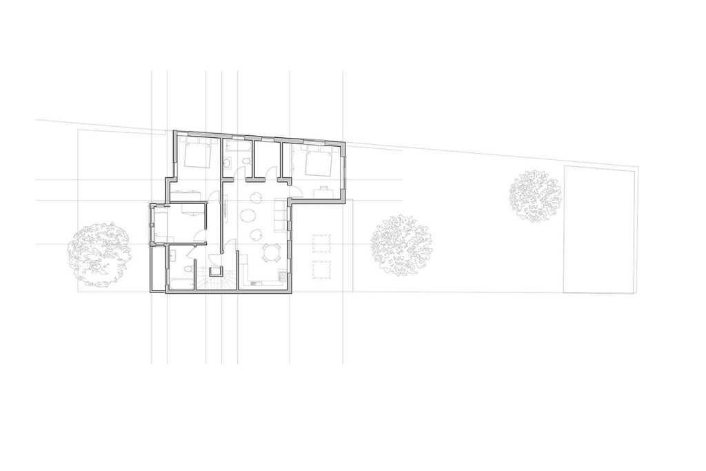 Architect's problem solving design proposal of extending the first floor to accomodate for a spacious one bedroom apartment with the living room overlooking the beautiful garden and a duplex one bedroom apartment