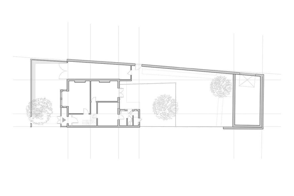 Architects and landscape floor plan drawings of the existing ground floor consisting of 3 rooms, a storage room and small toilet leading directly onto a large garden with extensive landscaping