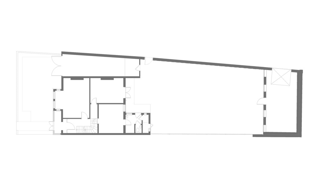 Architects and landscape floor plan drawings of the existing ground floor consisting of 3 rooms, a storage room and small toilet leading directly onto a large garden with extensive landscaping.